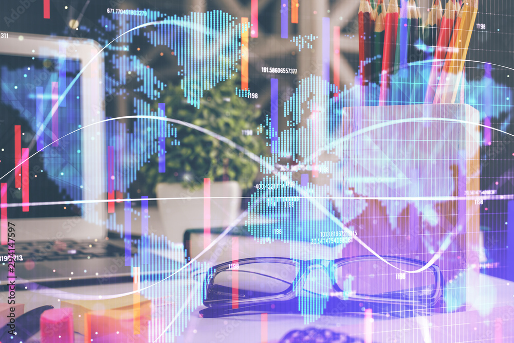 Naklejka premium Business theme hologram with glasses on the table background. Concept of search. Double exposure.