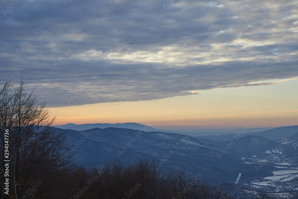 Carpathian mountains in the clouds, beautiful beech forests, in winter, saturated colors, contrasting colors Carpathian mountains in the clouds, beautiful beech forests, in winter, saturated colors, contrasting colors