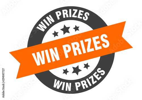 win prizes sign. win prizes orange-black round ribbon sticker