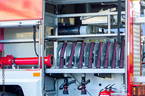 Details of rescue and firefighting truck equipment    Fire and rescue equipment in fire engine.