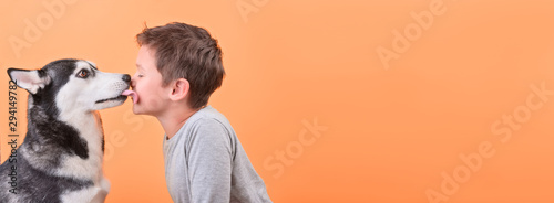 Banner dog  husky with lazy-eyes on licking brunette boy on the orange background, the concept of children's and dog emotions, of friendship