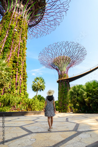 Young woman traveler looking at Singapore Supertrees in garden by the bay at Bay South Singapore. photo