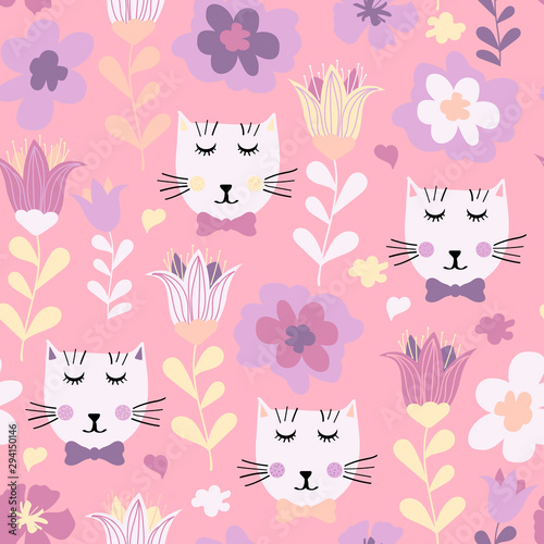 Seamless pattern with hand drawn cats and flowers. Seamless pattern with cute kittens and flowers in pastel colors. Creative childish texture in pastel colors, vector