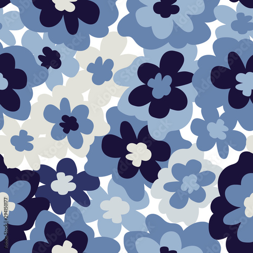 Seamless pattern with creative decorative flowers in scandinavian style. Beautiful floral pattern in pastel blue colors. Great for wallpaper, fabric, textile