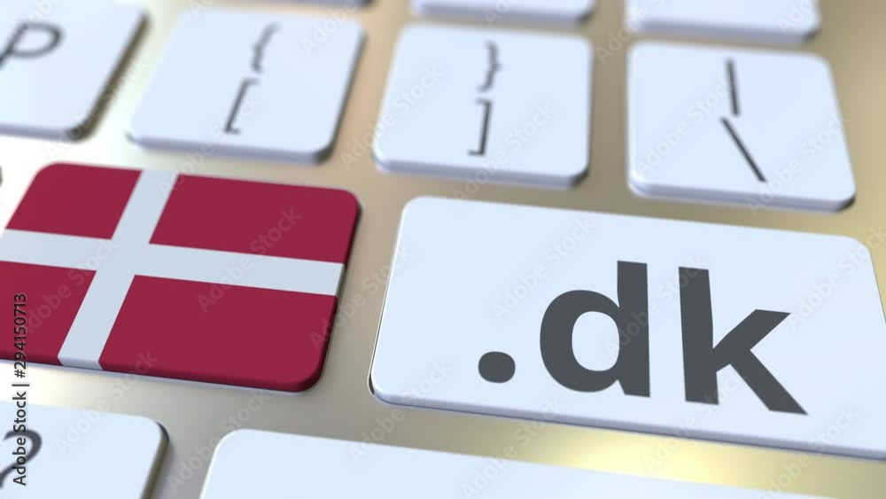 Danish domain .dk and flag of Denmark on the buttons on the computer keyboard. National internet related 3D animation