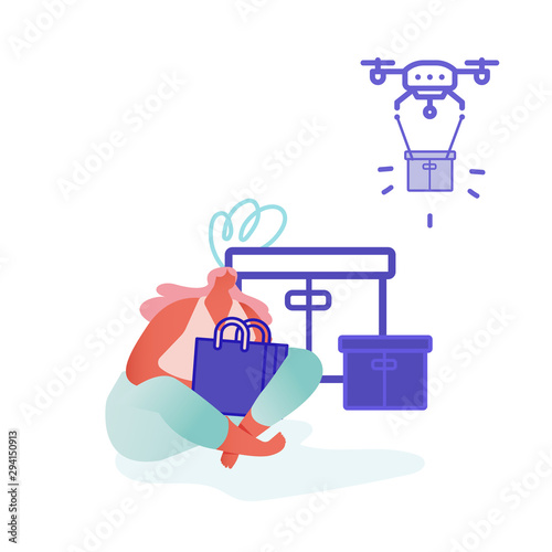 Drone Delivery Service Concept with People Controlling Quadcopter. Woman Character Shopping Online. Technology Control Flight of Copter. Aircraft equipment for transportation. Vector Illustration