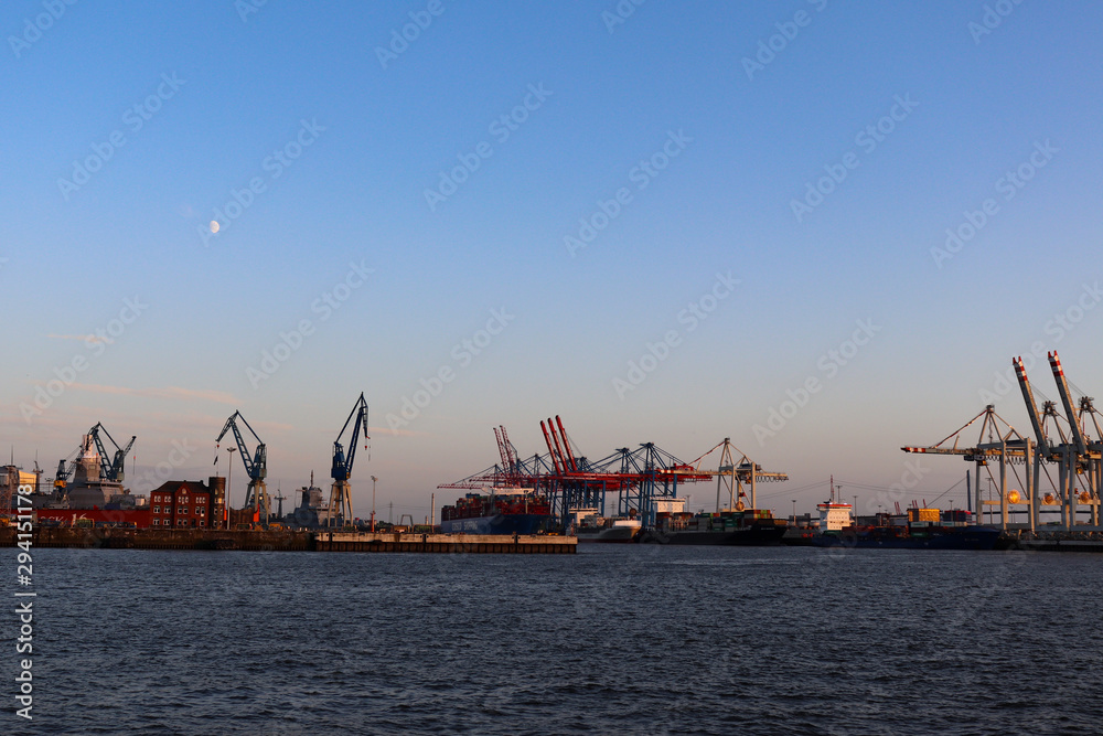 Hamburg harbour during golden hour 