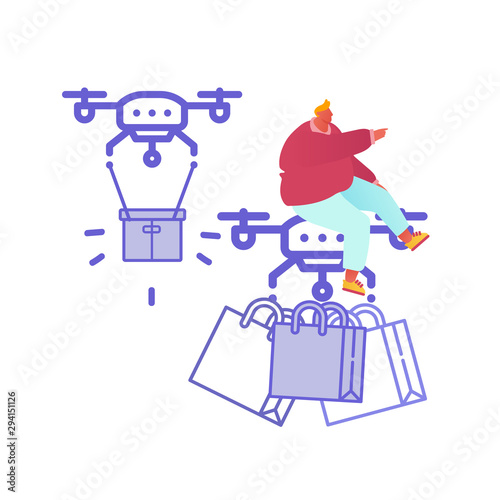 Drone Delivery Service Concept with People Controlling Quadcopter. Man Character Shopping Online. Technology Control Flight of Copter. Aircraft equipment for transportation. Vector Illustration