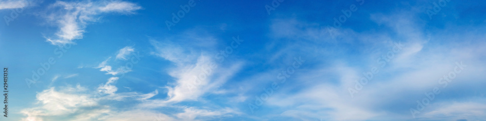 Panorama sky with cloud on a sunny day. Beautiful cirrus cloud. Panoramic image.