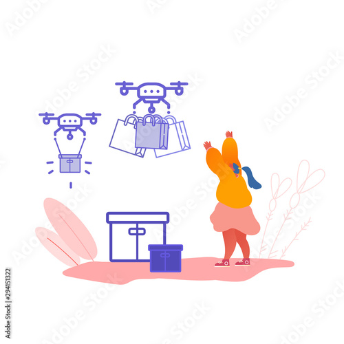 Drone Delivery Service Concept with People Controlling Quadcopter. Woman Characters Buying Online. Technology Control Flight of Copter. Aircraft equipment for transportation. Vector Illustration