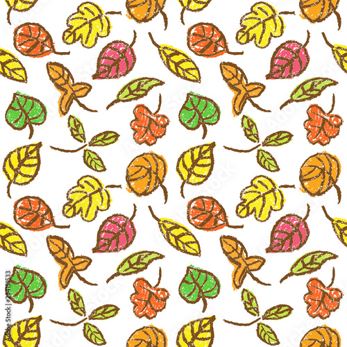 Crayon hand drawing colorful autumn leaves seamless pattern. Fall set on white background. Like child hand drawn flat doodle simple vector style. Pastel chalk or pencil kids painting background © larisa_zorina
