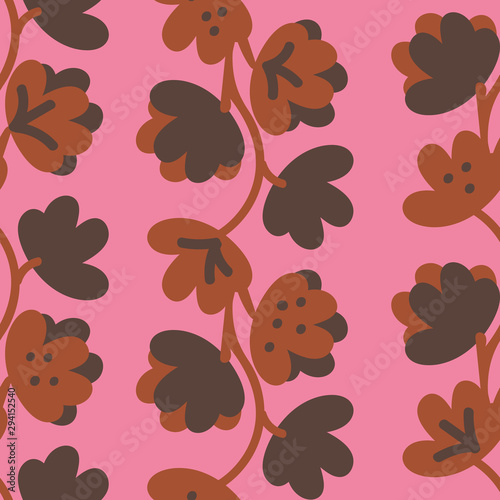 A seamless vector pattern with brown leaves and florals on a pink background. Surface print design.