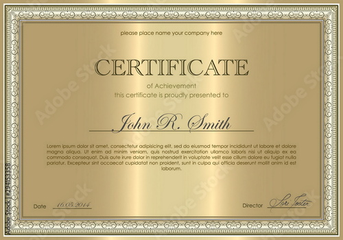 Vector certificate. Template diploma currency border. Award background Gift voucher. Vector illustration. Gold diploma