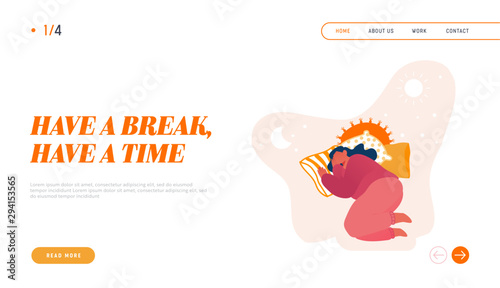Sleeping Woman Character Landing Page. Time management Concept Website Template. Cartoon Flat Vector Illustration