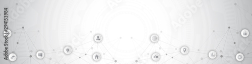 Website header or banner design with abstract technical background and connecting dots and lines. Digital technology and communication concept with flat icons.