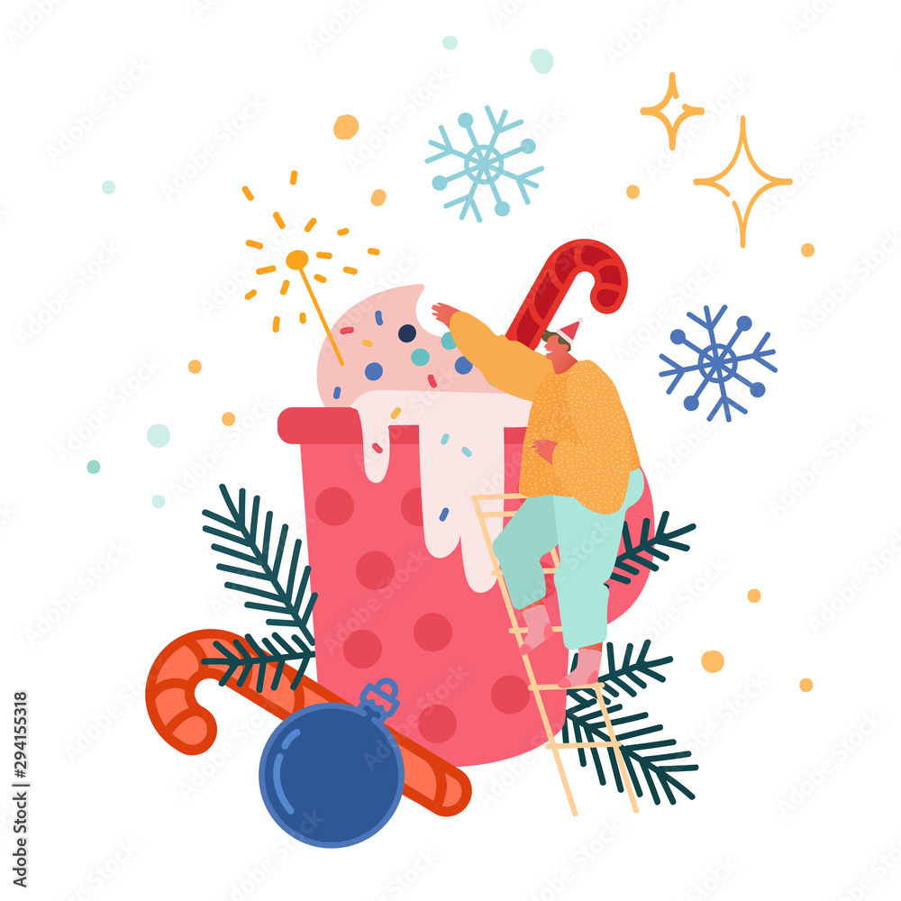 Naklejka premium Winter Warming Marshmello Hot Chocolate or Cocoa. Man Character Celebrating Merry Christmas and Having Drinks, Beverage or 2020 New Year Cafe Hygge Card, Print, Poster. Vector Illustration