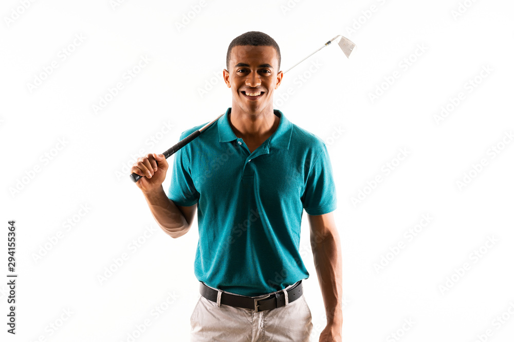 Afro American golfer player man over isolated white background Afro American golfer player man over isolated white background
