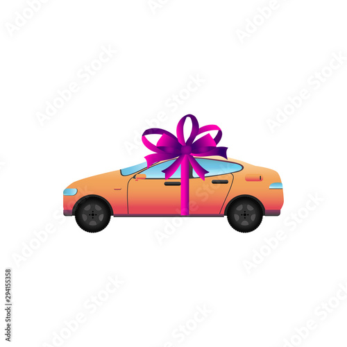 Vector illustration  car with bow.  Car gift concept or presentation of auto for sale, rent. Design element for website, mobile app, business.