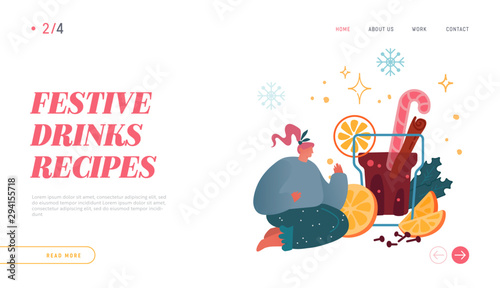 Hot Beverage for Cold Season Website Landing Page. Woman Character with Big Cup of Hot Punch or Mulled Wine. Festive Winter Drink Time Web Page Banner. Cartoon Flat Vector Illustration