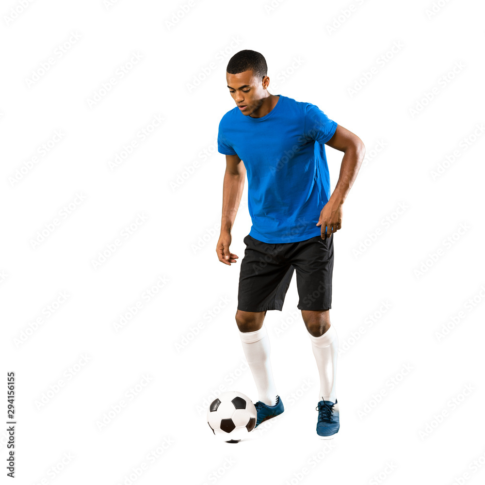 Full-length shot of African American football player man over isolated white background