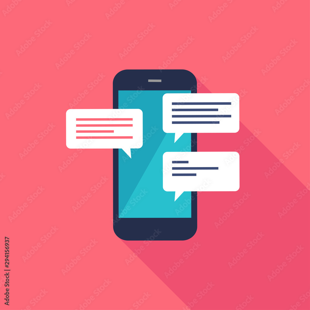 Chat messages notification on mobile phone. Sms bubbles on screen. Person chatting on cellphone. Chat messages notification on mobile phone. Sms bubbles on screen. Person chatting on cellphone.