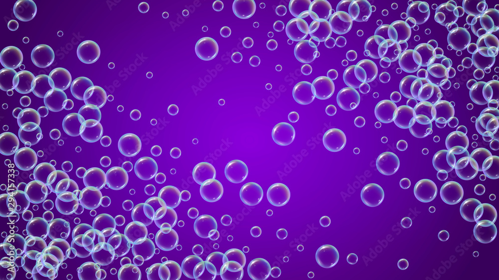 Suds bubble. Detergent bath foam and soap for bathtub. Shampoo. Vibrant fizz and splash. Realistic water frame and border. 3d vector illustration design. Purple colorful liquid suds.