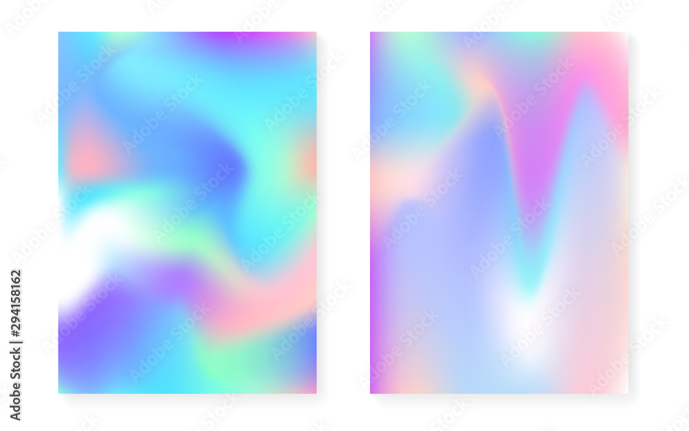Hologram gradient background set with holographic cover. 90s, 80s retro style. Iridescent graphic template for brochure, banner, wallpaper, mobile screen. Spectrum minimal hologram gradient.