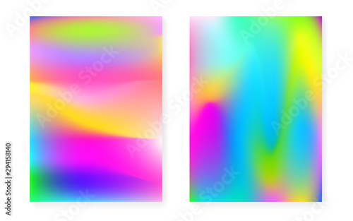 Hologram gradient background set with holographic cover. 90s, 80s retro style. Iridescent graphic template for flyer, poster, banner, mobile app. Plastic minimal hologram gradient.