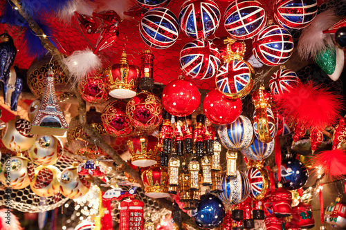 British themed Christmas baubles for sale at Christmas market stall in Berlin Germany