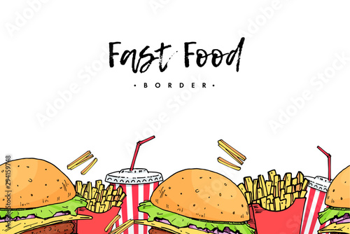 Burger. Cola. potato free. Colorful fast food Hand draw elements background border. isolated seamless pattern. vector illustration