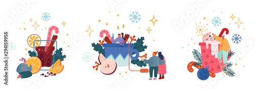 Winter Warming Hot Toddy Mulled Wine, Chocolate or Cocoa. Woman Character Celebrating Merry Christmas and Having Drinks, Beverage or 2020 New Year Cafe Hygge Card, Print, Poster. Vector Illustration