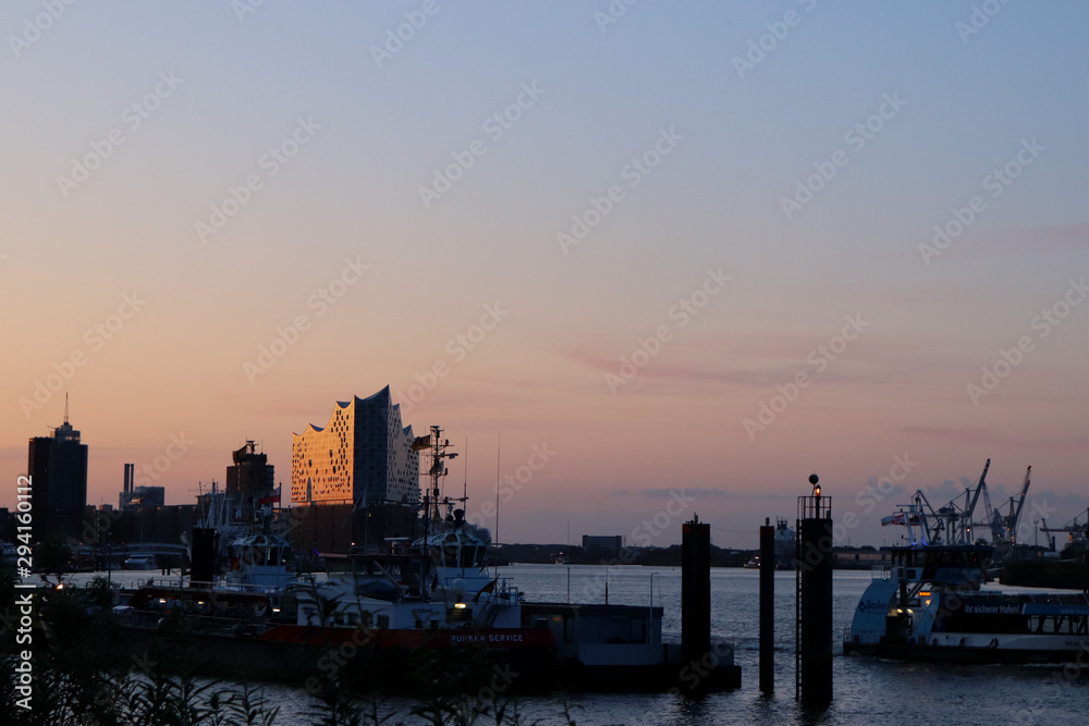 Hamburg Harbour and Elbphilharmony during sunrise 