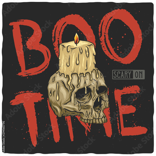 T-shirt or poster design with hand drawn illustration of cadle on the skull and lettering composition.