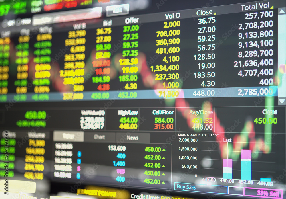 Fototapeta premium Stock exchange display with Graph Double exposure Blur Out of focus