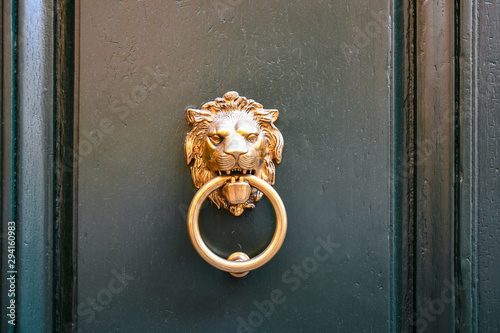 Fotografi Close-up of a golden metal door knocker representing a lion's head holding a cir