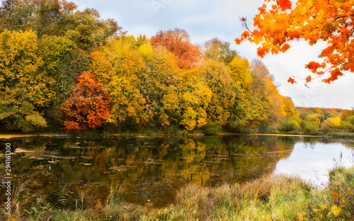 Very nice scenery in the fall. Lake and forest in autumn. Natural colors