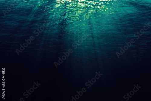 perfectly seamless of deep blue and green ocean waves from underwater background with micro particles flowing, light rays shining through photo