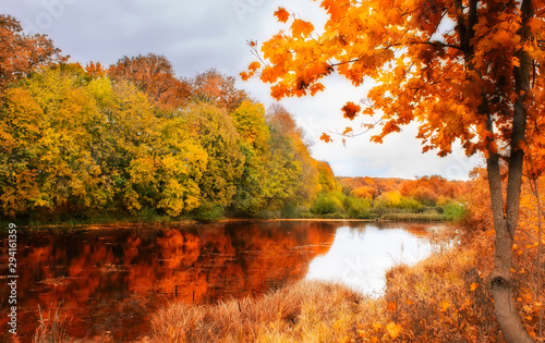 Very nice scenery in the fall. Lake and forest in autumn. Natural colors