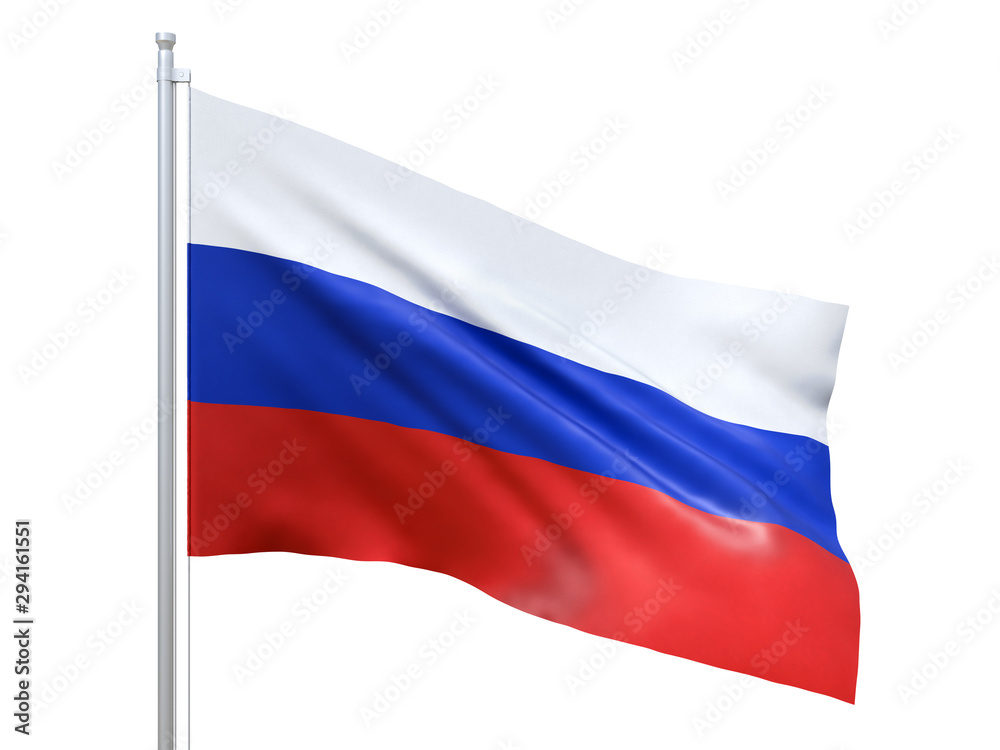 Russia flag waving on white background, close up, isolated. 3D render Russia flag waving on white background, close up, isolated. 3D render