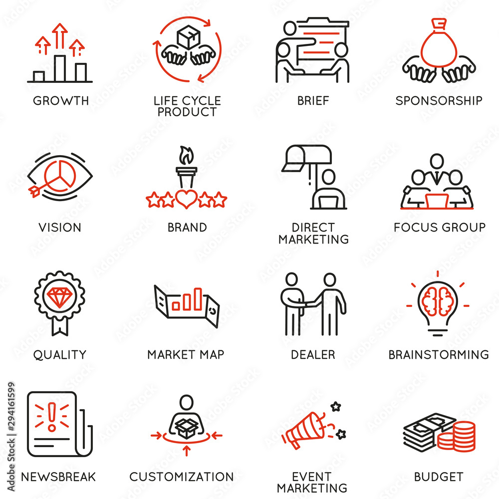 Vector set of linear icons related to business management process, advertising promotion and marketing. Mono line pictograms and infographics design elements - 9