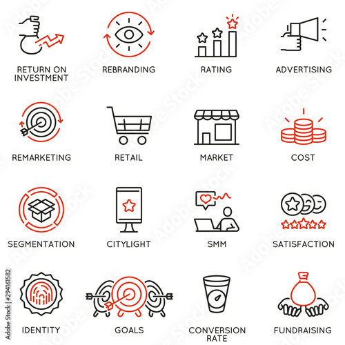Vector set of linear icons related to business management process, advertising promotion and marketing. Mono line pictograms and infographics design elements - part 8