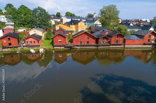 The ancient embankment of the Porvoojoki River in the old town of Porvoo on a sunny July day (quadrocopter shooting). Finland