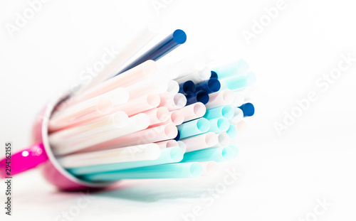 Colorful of straw plastic drinking background for party, close up of colorful and bright plastic straws with copy space. 