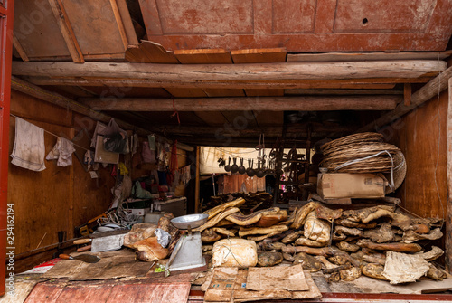 Fotografie Meat store in an Asian market with very poor hygienic conditions