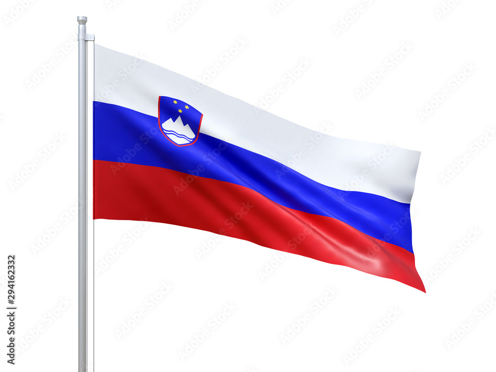 Slovenia flag waving on white background, close up, isolated. 3D render Slovenia flag waving on white background, close up, isolated. 3D render
