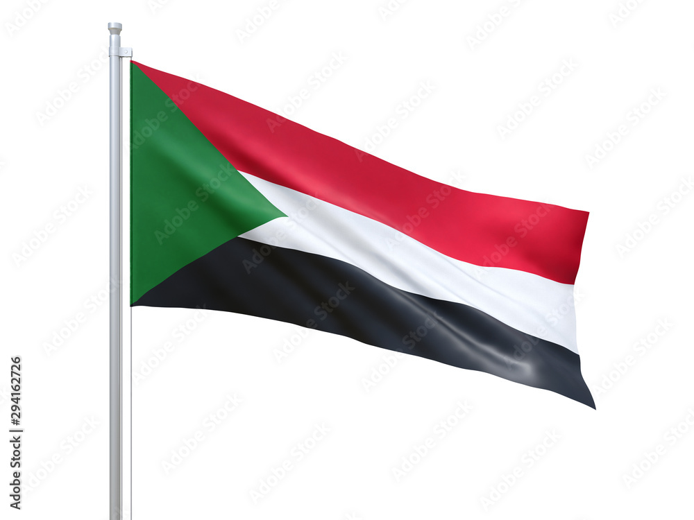 Sudan flag waving on white background, close up, isolated. 3D render Sudan flag waving on white background, close up, isolated. 3D render