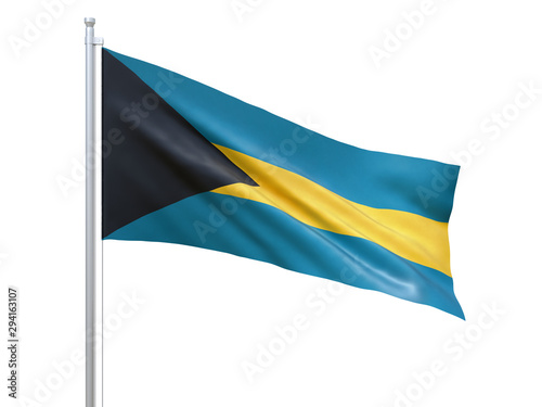 Bahamas flag waving on white background, close up, isolated. 3D render