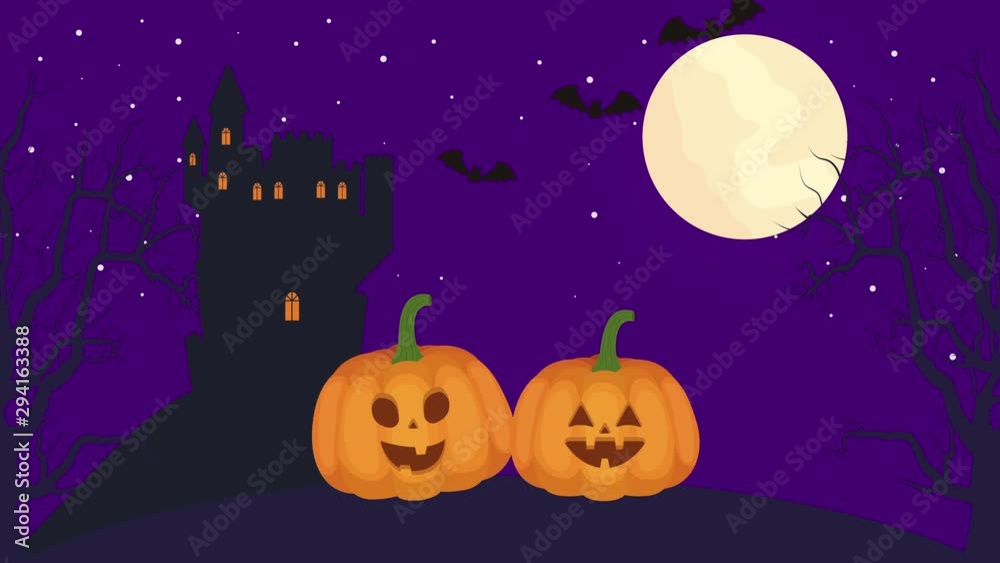 halloween dark scene with castle and pumpkins