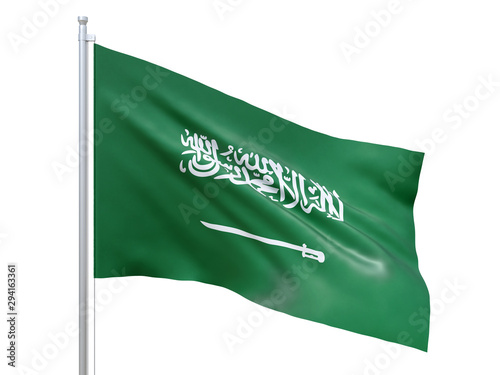 Saudi Arabia flag waving on white background, close up, isolated. 3D render