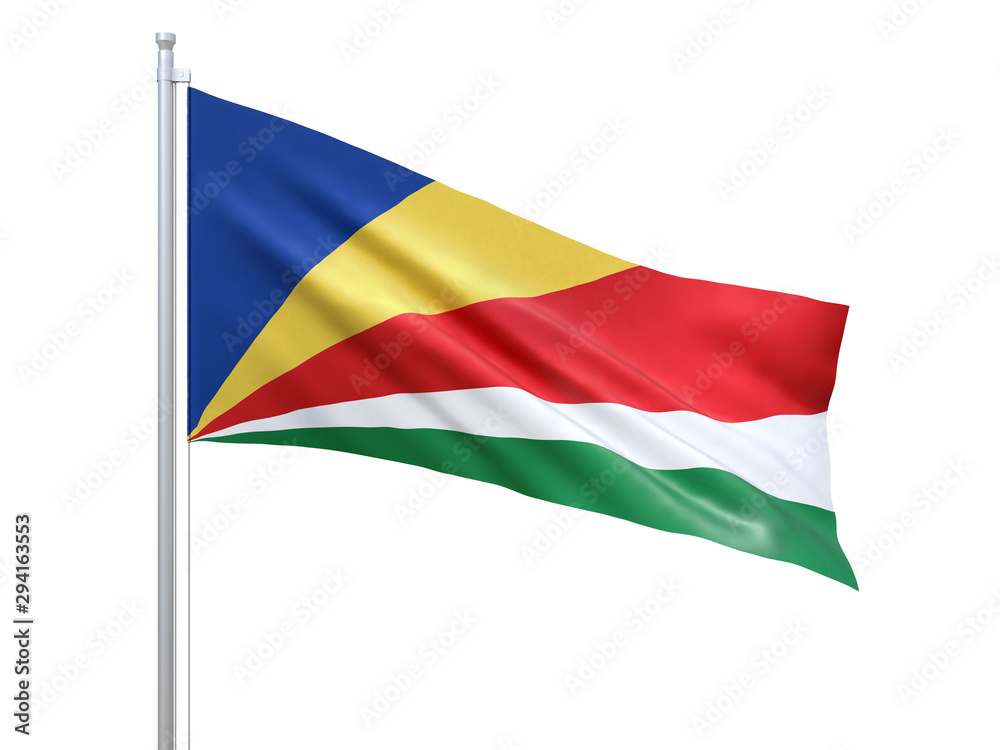 Seychelles flag waving on white background, close up, isolated. 3D render